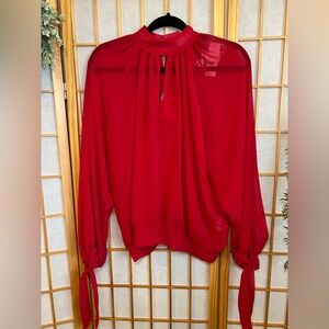 7th Avenue NY & Co Red Sheer Blouse Medium Tie Sleeve High Neck NWT